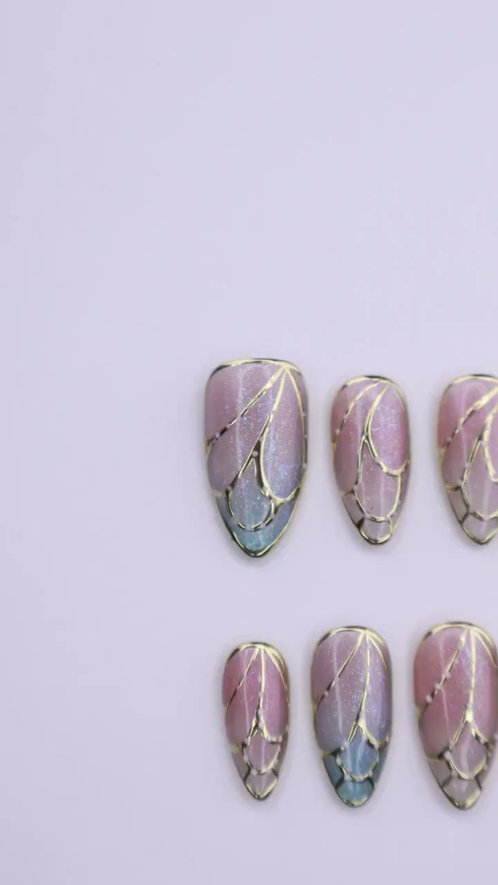 Thumbnail: Butterfly Wing Cat Eye Press On Nails in Pink & Blue |Medium Almond Handmade