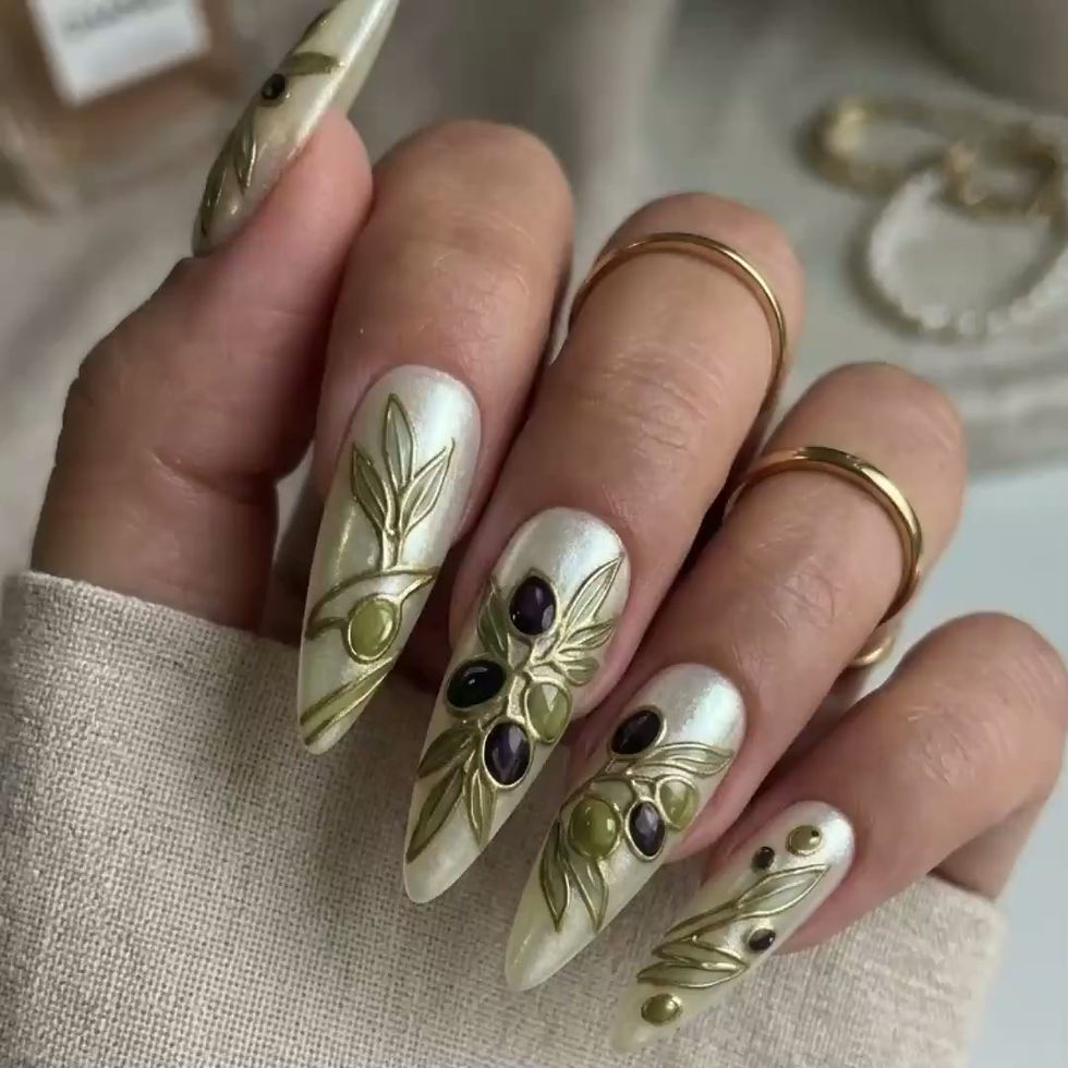 Thumbnail: Hand-Painted Olive Branch Stained Glass Press On Nails, 3D Gold Mediterranean Ar