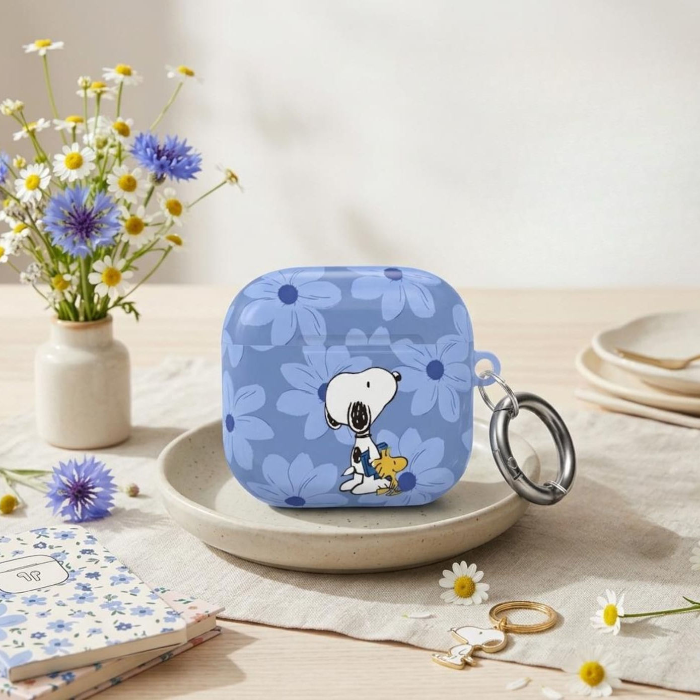Snoopy and Woodstock Floral AirPod Case | Cute Blue Daisy Pattern