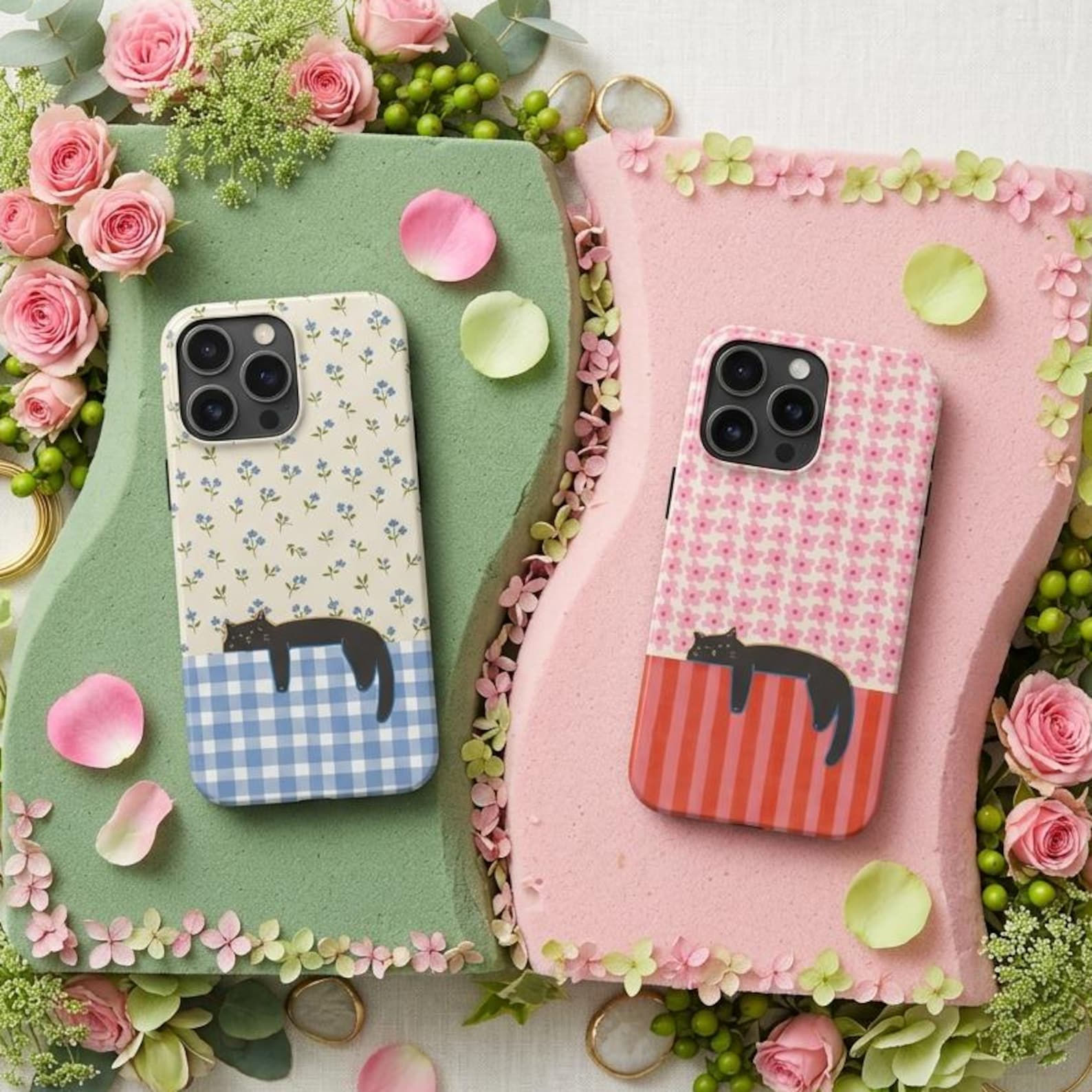Black Cat Phone Case, Cute Black Cat Gingham Floral iPhone S Black Cat Cute #1
