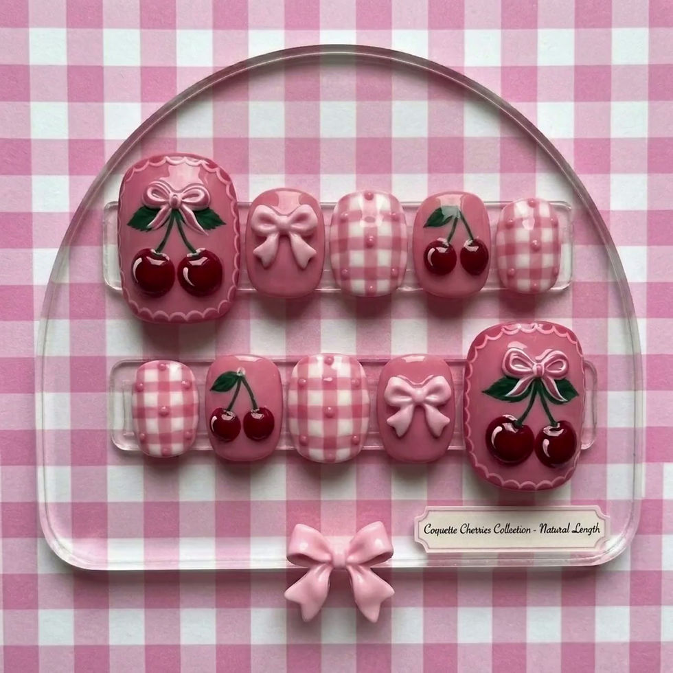 Thumbnail: COQUETTE CHERRY | 3D Hand-Painted Press On Toes | Pink Gingham & Bows Pedicure S