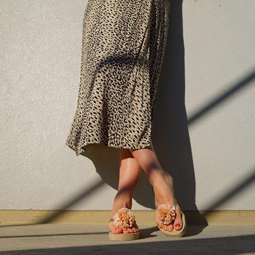 Thumbnail: Raffia Pom Poms - Embellished Women's High Wedge Flip Flops Sandal