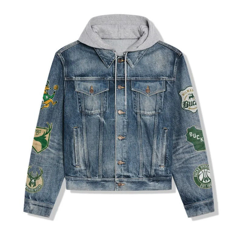 Thumbnail: Milwaukee Bucks NCAA Team Logo& Motto v3 3D Hooded Denim Jacket