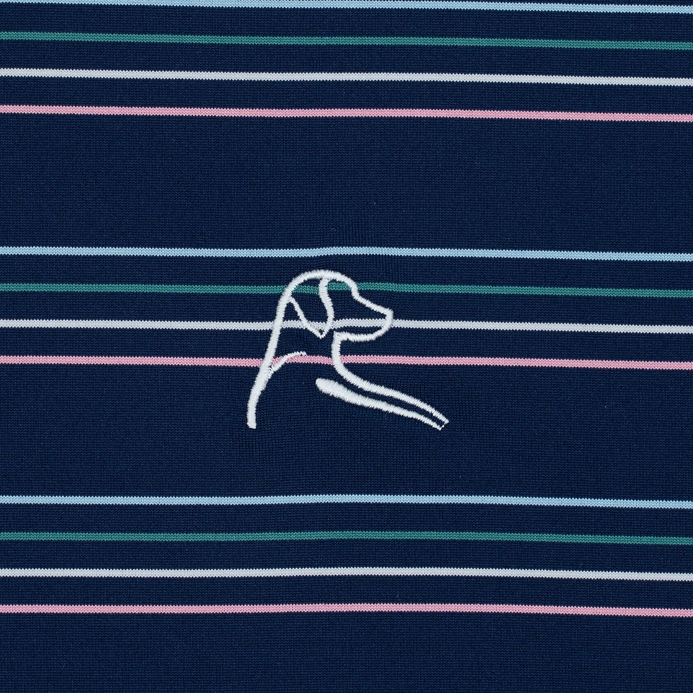 Thumbnail: Rhoback The Ivy Stripe Short Sleeve Performance Polo - Fleet Navy/Dogwood Pink