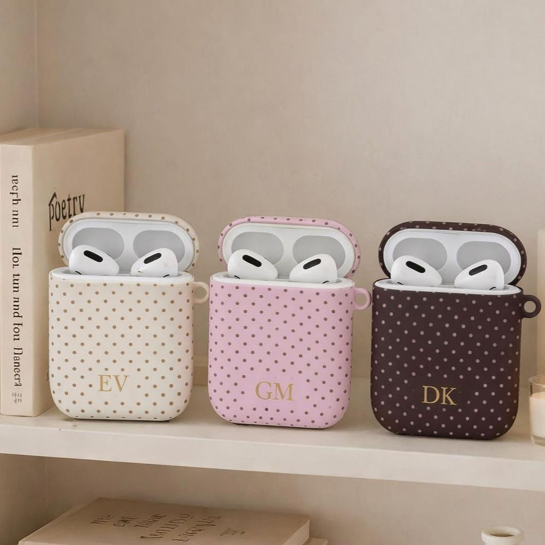 Personalized Polka Dot Airpods Case, Soft Gold Custom Initials, Cute Case Cover
