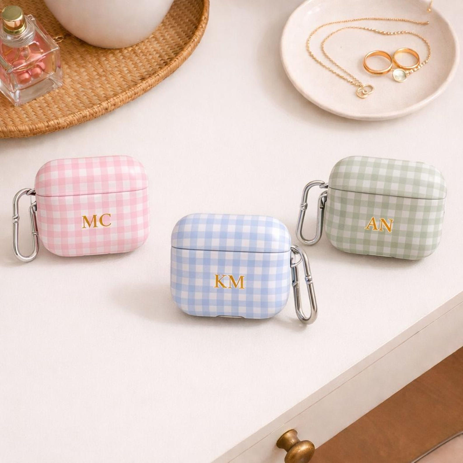 Personalized Gingham Initials Letter Monogram Airpod Case Cute Gift for Her, Sho