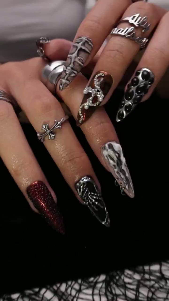 Thumbnail: Halloween Gothic Press On Nails With Snake Charms & Metallic Bones | Fake Nails