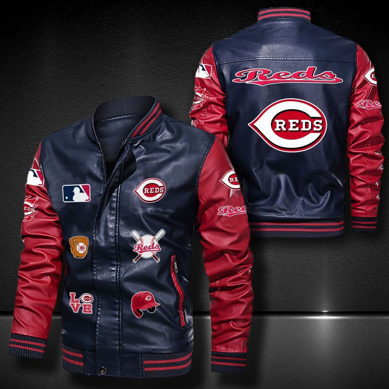 Thumbnail: Cincinnati Reds Leather Varsity Jacket Bomber Coat