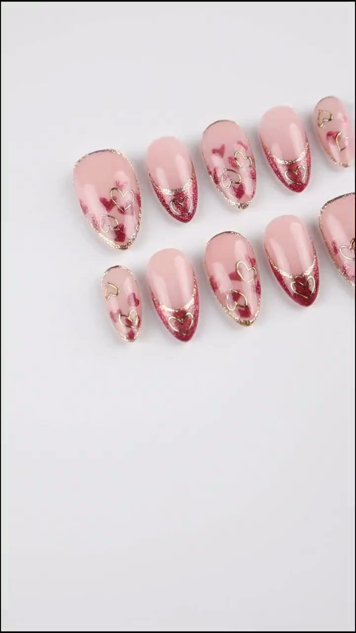 Thumbnail: Pink Cat Eye Valentine Press On Nails with Gold Heart Outline