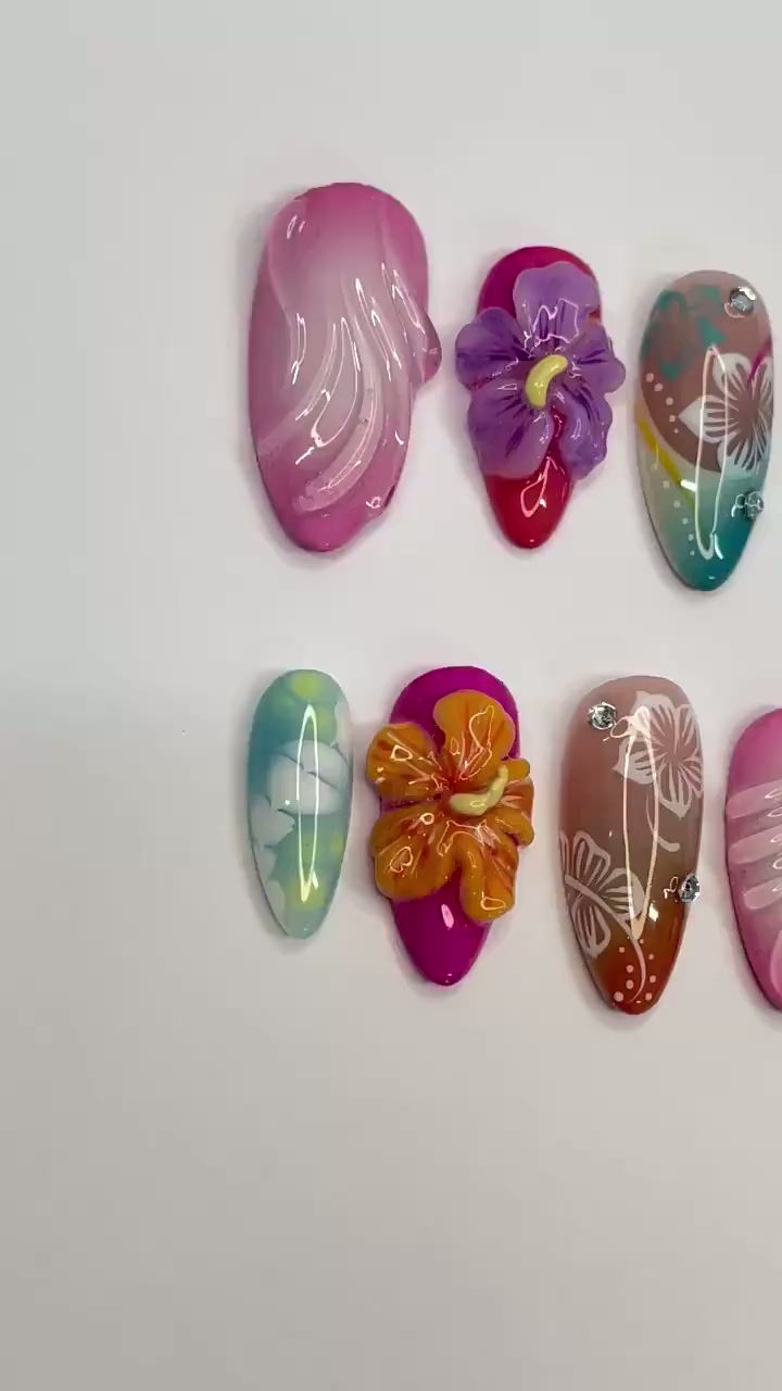 Thumbnail: Trendy Colorful 3D Flower for Summer Medium Almond Press On Nail, Custom Design