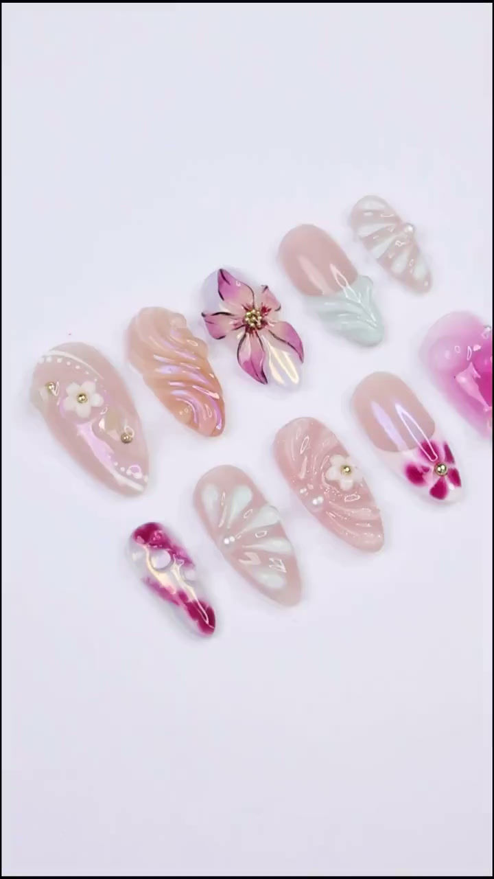 Thumbnail: Spring Press On Nails with 3D Flower and Pearl Accents, Medium Almond Fake Nail