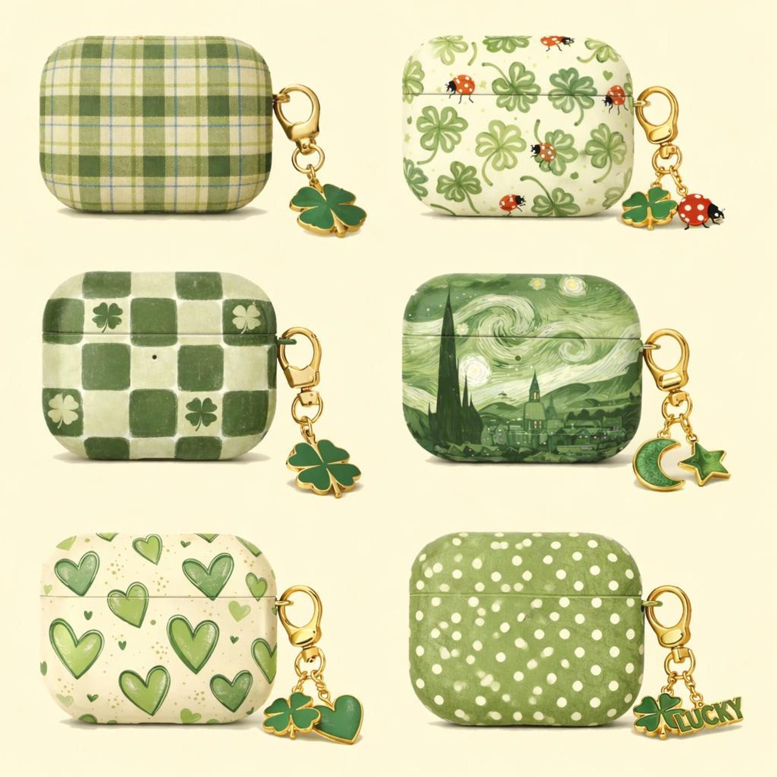 Lucky Green AirPods Case Collection– Clover, Plaid, Polka Dot, Heart & Ladybug A