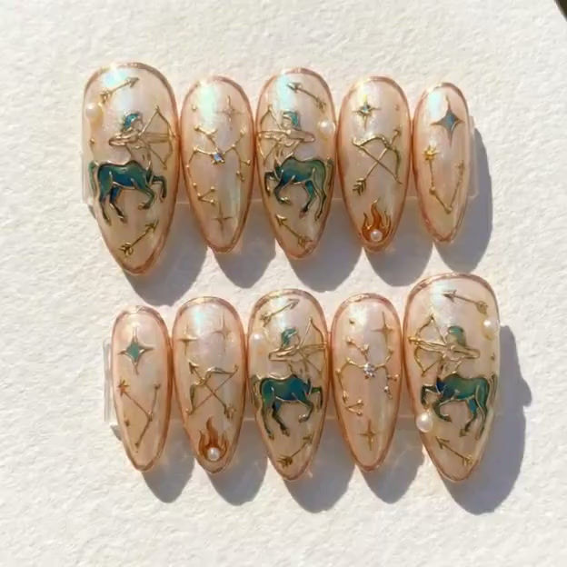 Thumbnail: Handmade Sagittarius Zodiac Press on Nails, 3D Gold Archer Celestial Art