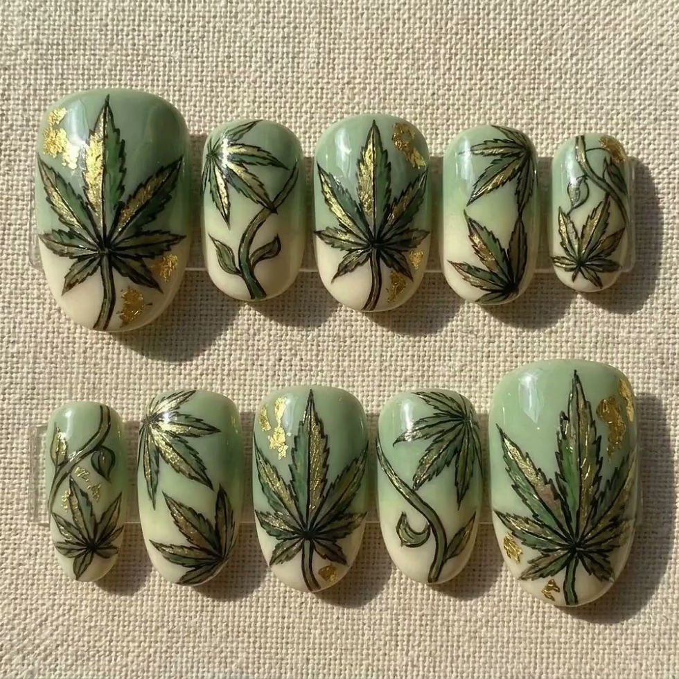 Thumbnail: 420 Pot Leaf Press On Toes, Sage Green Cannabis Nail Art, Gold Foil Botanical