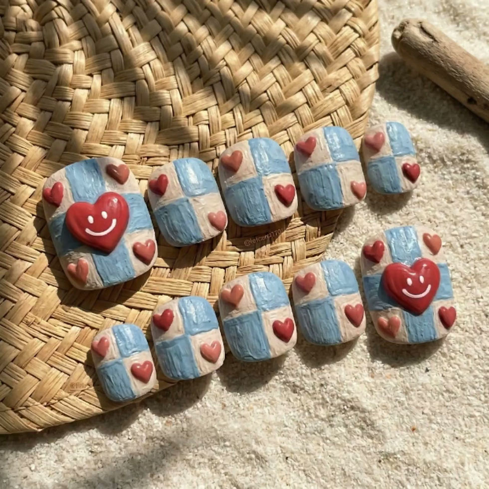 Thumbnail: 3D Smiley Heart Toe Nails | Blue Checkerboard Textured Press-Ons | Summer Beach
