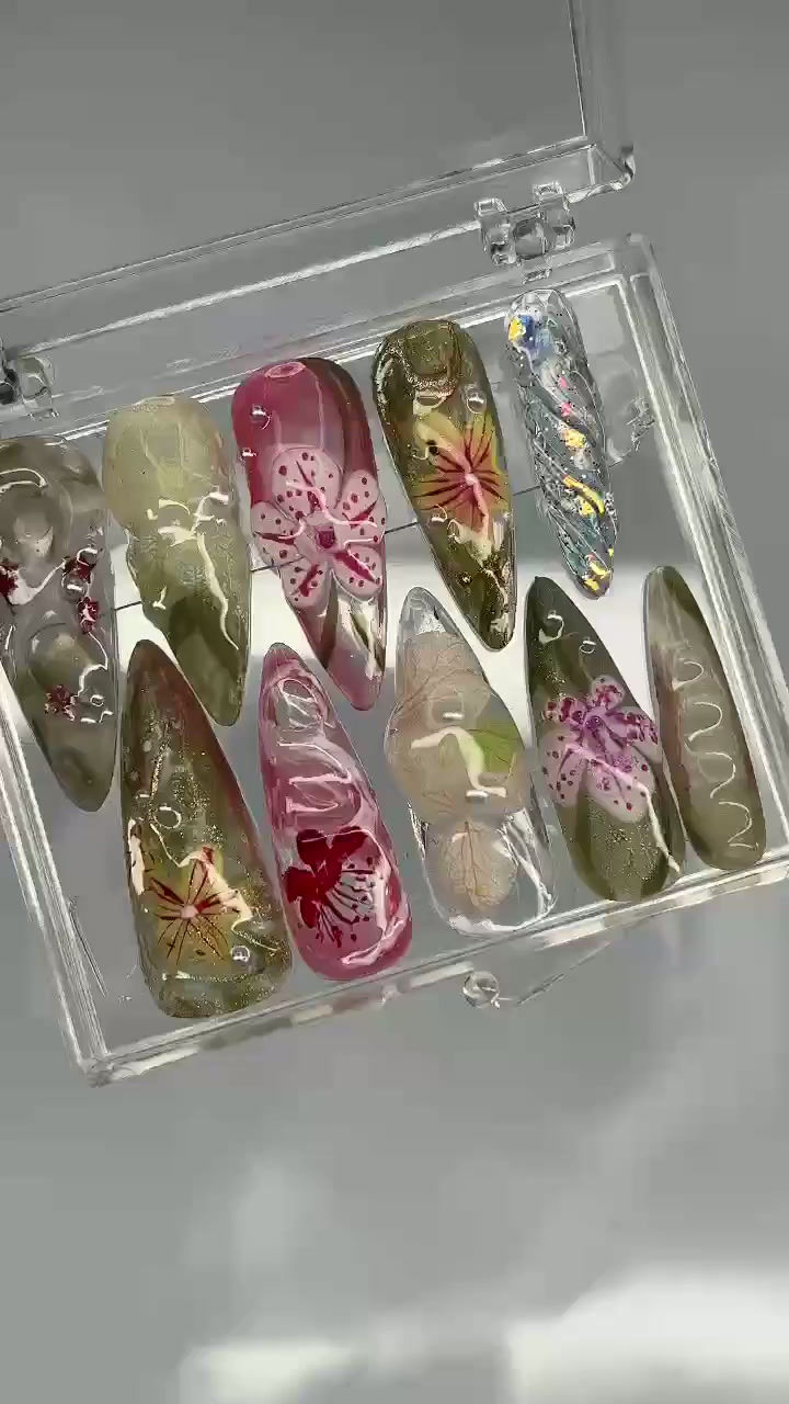 Thumbnail: 3D Dry Orchard Flower Long Almond Press On Nail, Custom Handpainted Acrylic