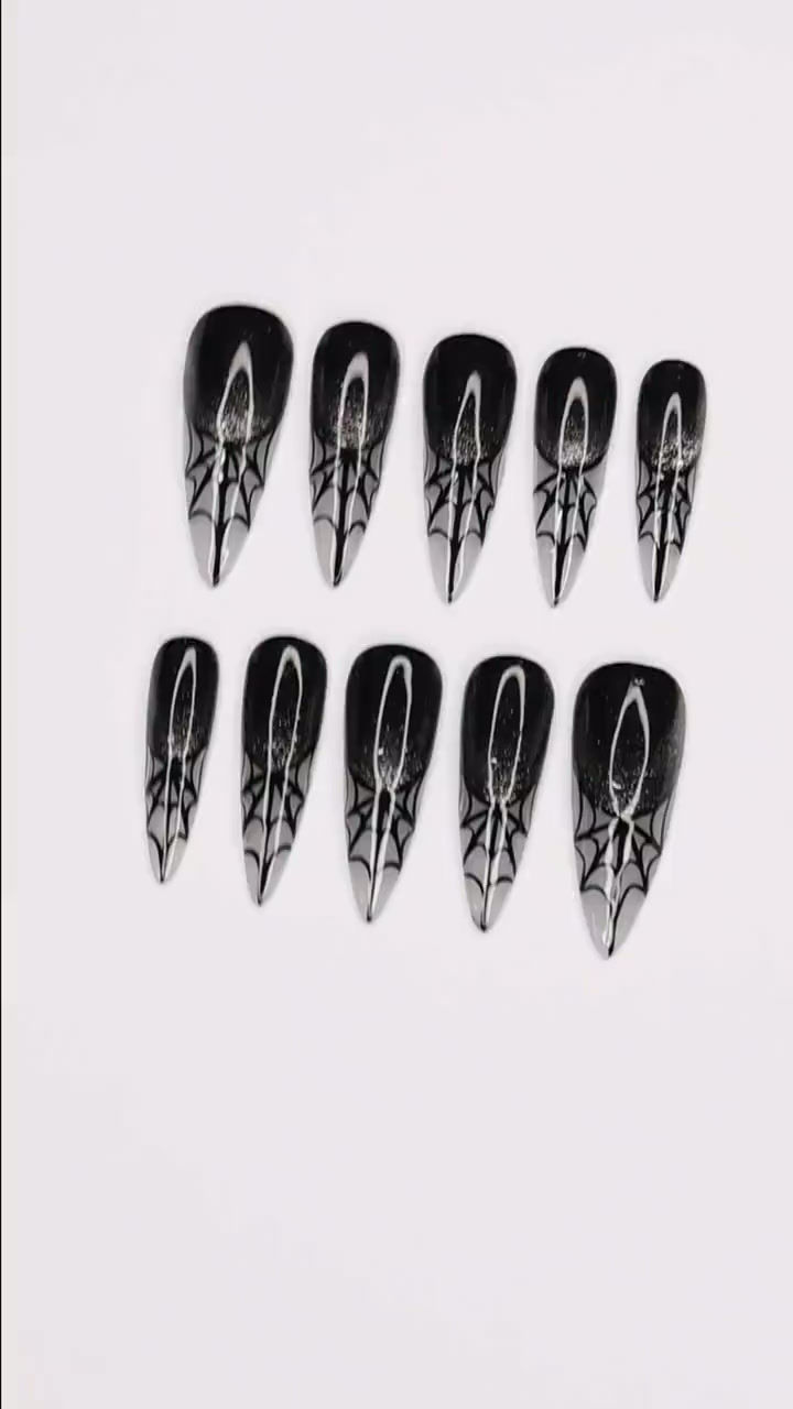 Thumbnail: Spider Web Long Stiletto Halloween Press On Nails, Witchy Fake Nails Art