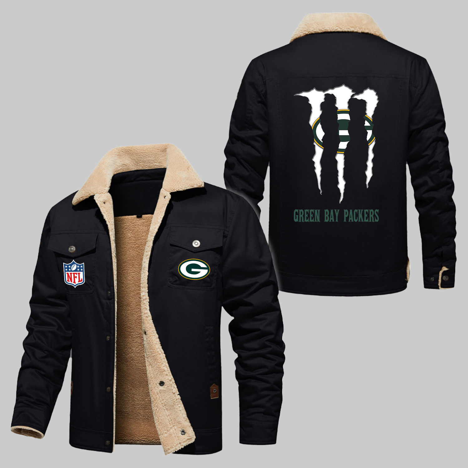 Green Bay Packers NFL Team Logo Scratch Pattern Black 2D Stand Collar Jacket