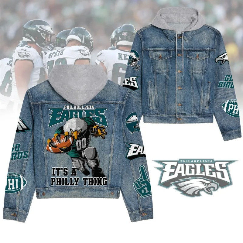 Philadelphia Eagles NFL Team Logo& Motto v5 3D Hooded Denim Jacket