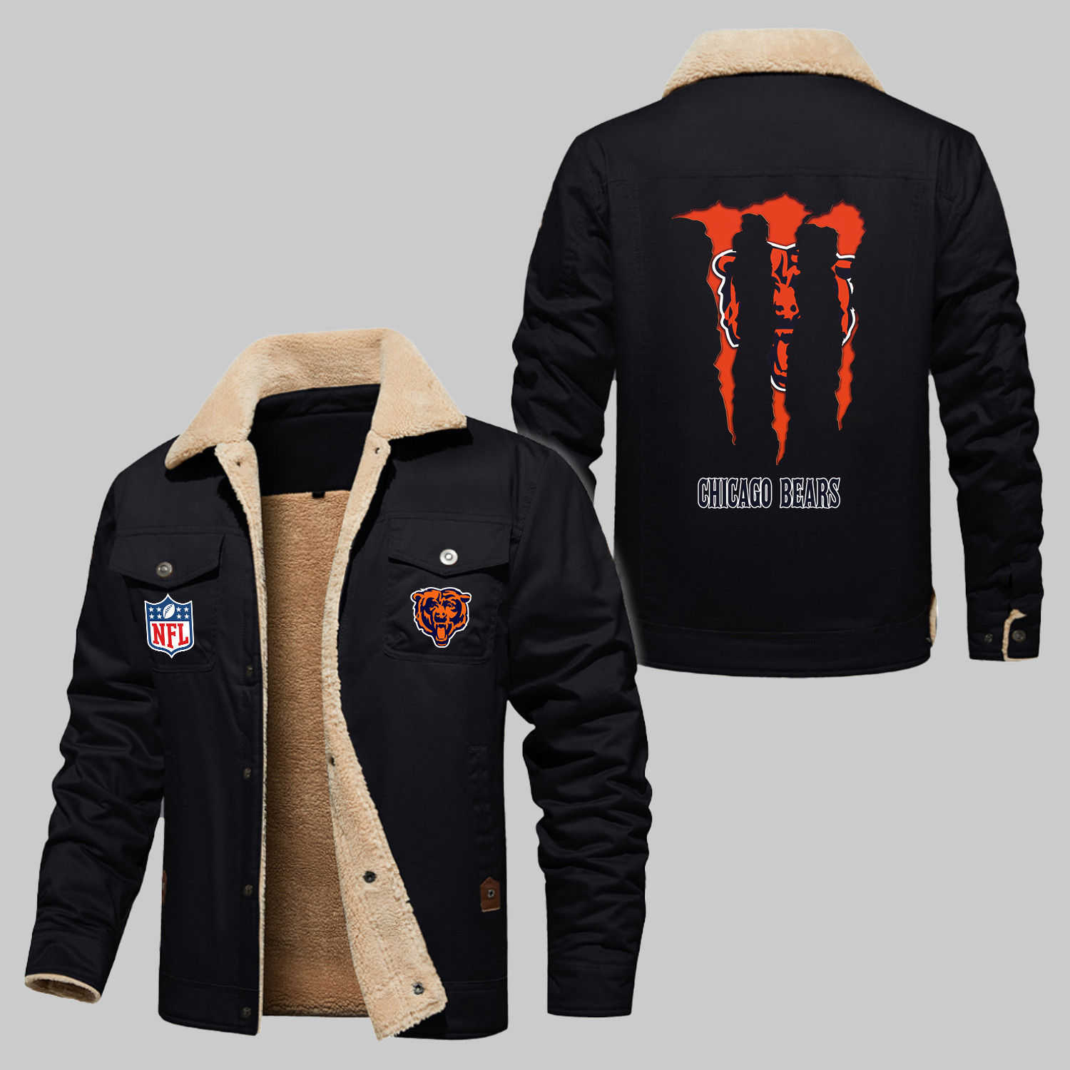 Chicago Bears NFL Team Logo Monster Energy Pattern Black 2D Stand Collar Jacket