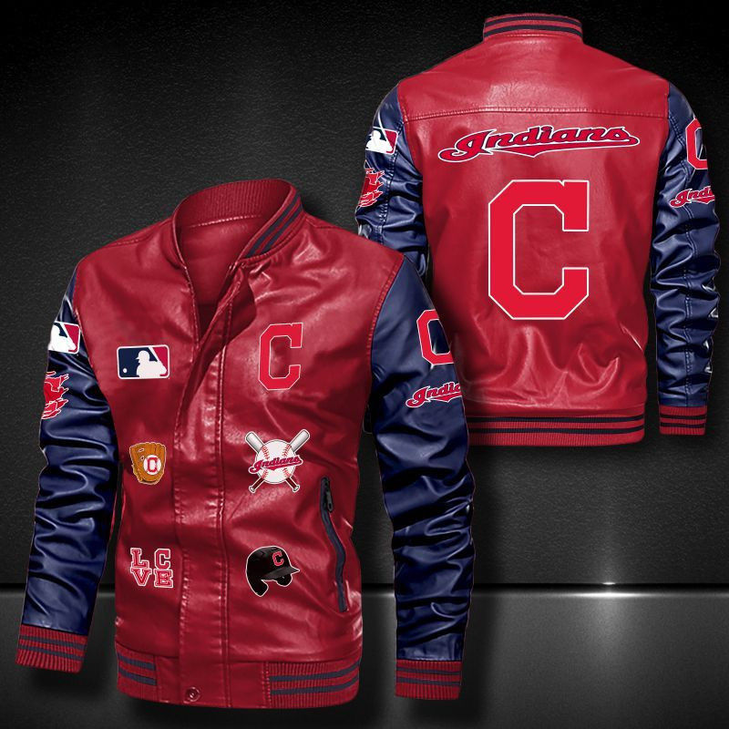 Thumbnail: Cleveland Indians Leather Varsity Jacket Bomber Coat