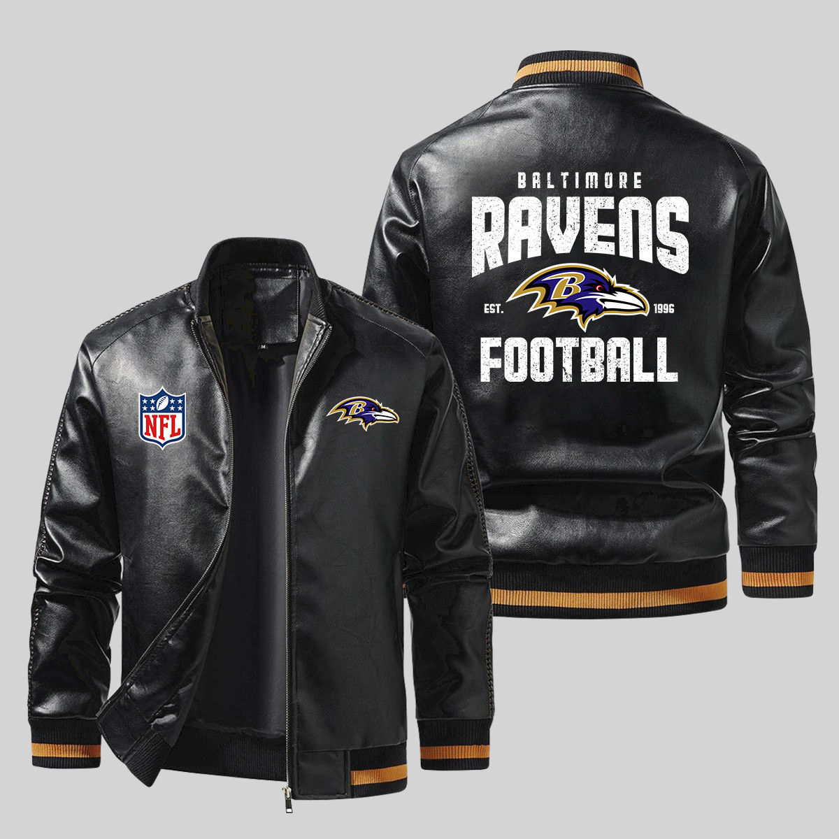 Baltimore Ravens NFL Team Football Logo Sport Pattern Black 2D Leather Bomber Ja