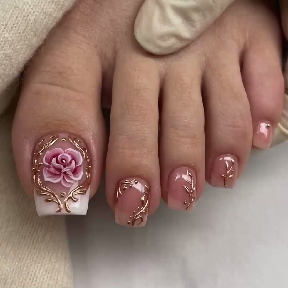 Thumbnail: 3D Pink Rose Press On Toes, Baroque Rose Gold Filigree Bridal