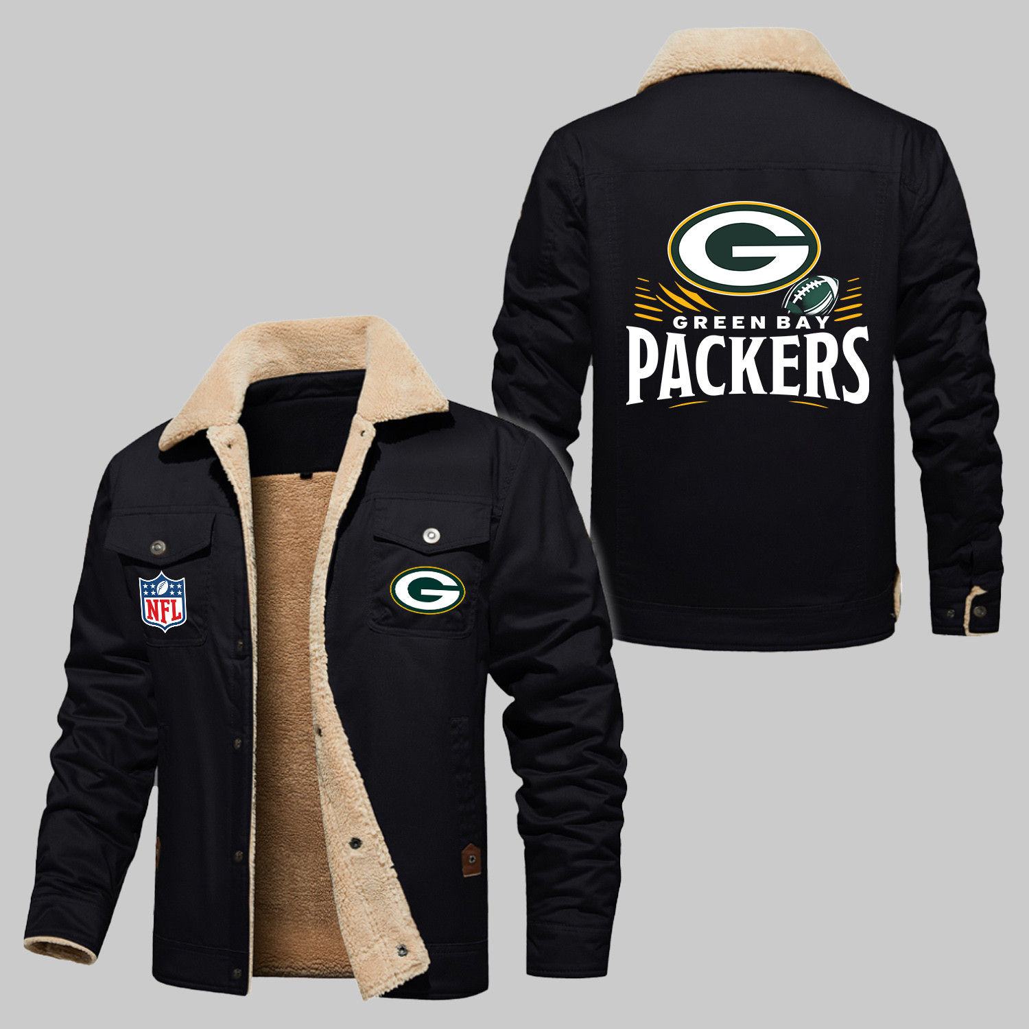 Green Bay Packers NFL Team Football Logo Sport Rugby Pattern 2D Stand Collar Jac