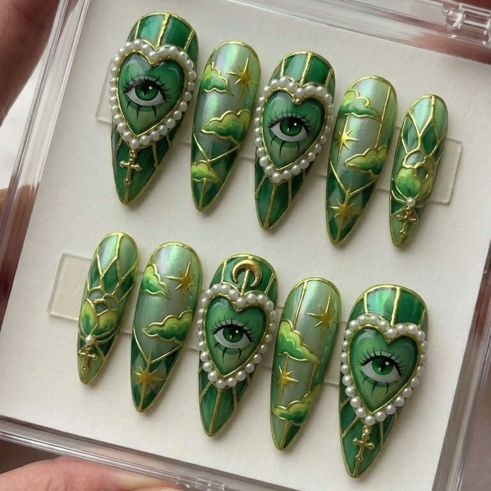 Thumbnail: Stained Glass Evil Eye Press On Nails | Emerald Celestial Gothic Heart Pearl Art