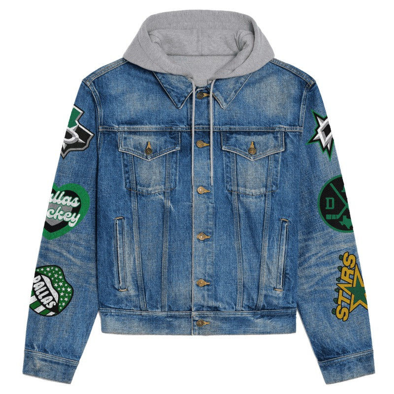 Thumbnail: Dallas Stars NHL Team Logo& Motto v2 3D Hooded Denim Jacket