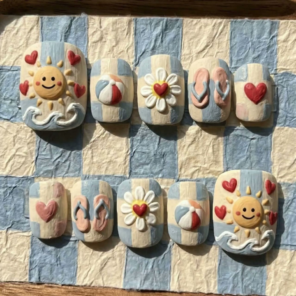 Thumbnail: 3D Summer Beach Press On Toes | Checkerboard Sun Flip Flop Pedicure