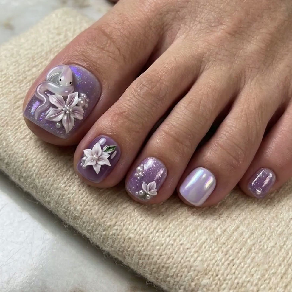 Thumbnail: Handmade 3D Floral Pearl Toe Nails, Ethereal Lavender Glitter Pedicure