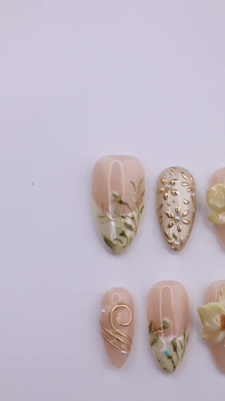 Thumbnail: Yellow Press On Nails with 3D Flower, Gold Leaf | Medium Almond Fake Nails