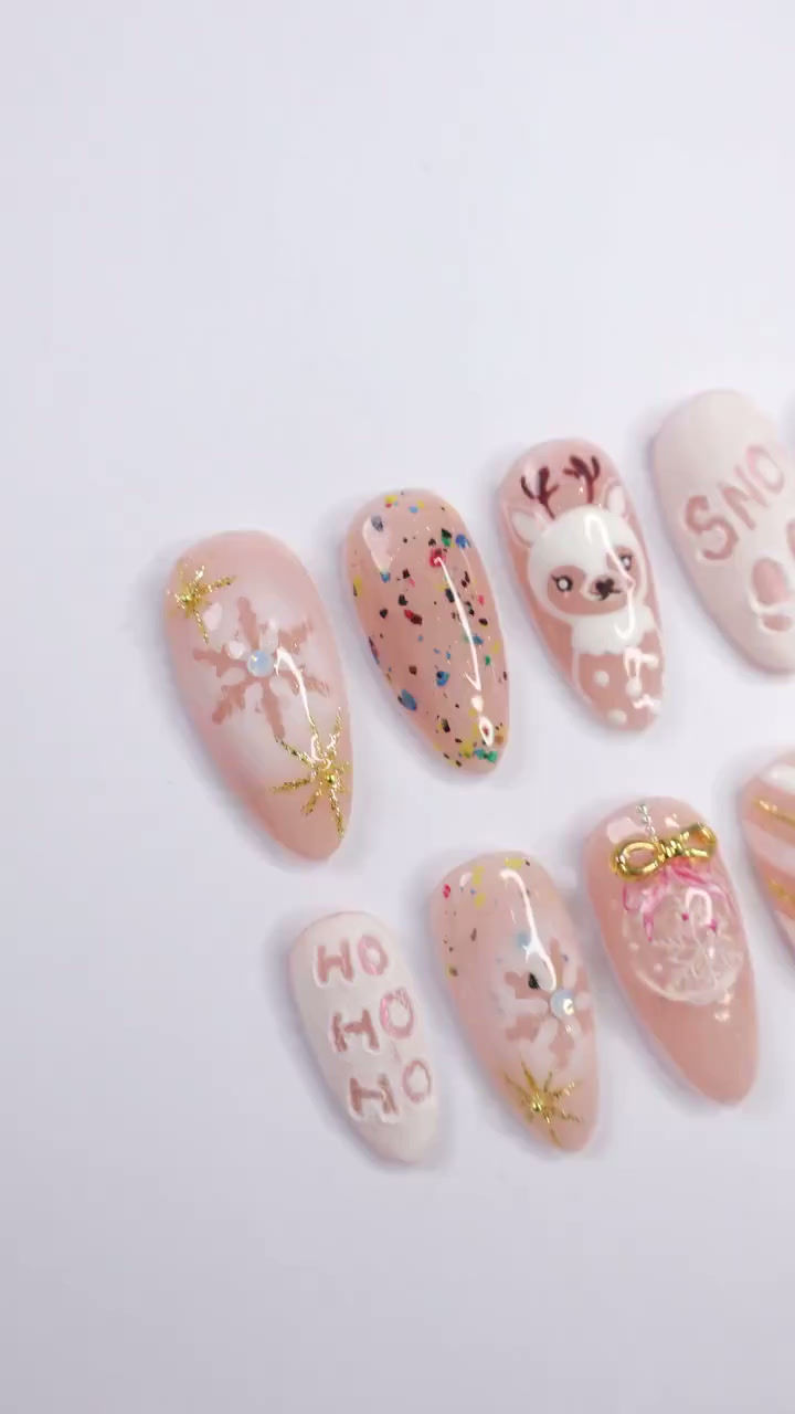 Thumbnail: Christmas Press On Nails with Reindeer and Snowflake Art
