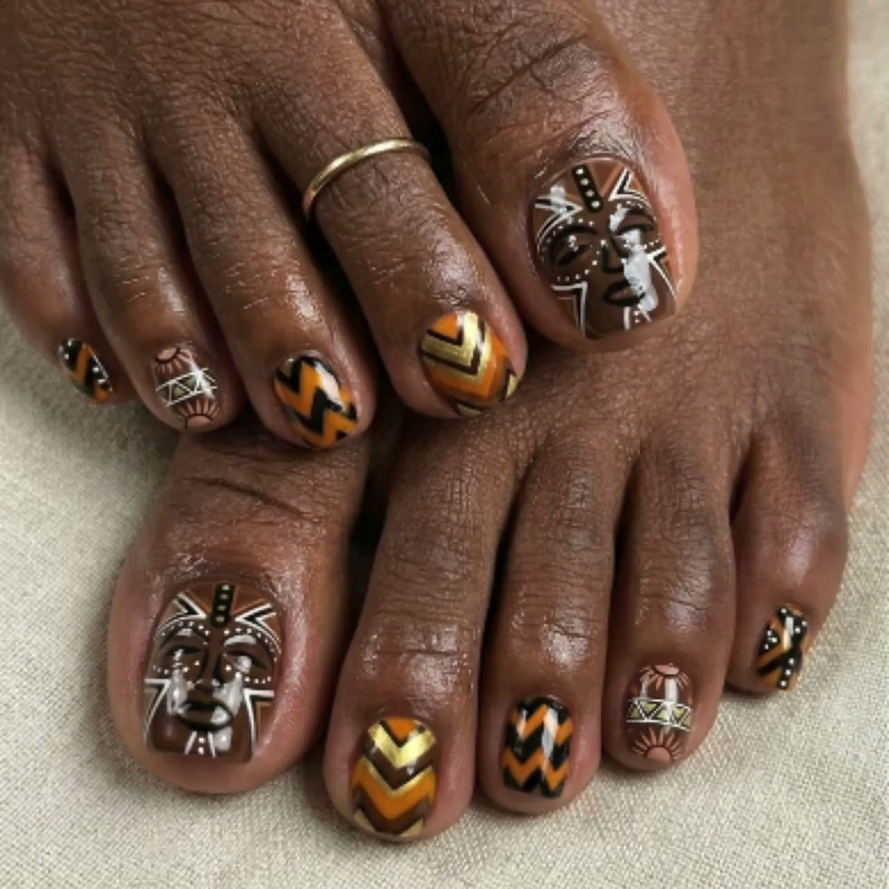 Thumbnail: African Tribal Mask Press on Toes | Brown, Orange & Gold Geometric Boho Pedicure