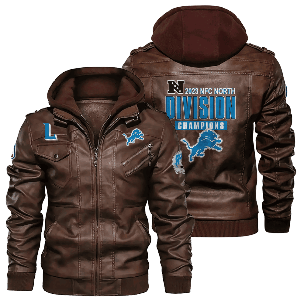 Detroit Lions NFL 2023 NFC North Champions Zip Brown Leather Jacket With Hood