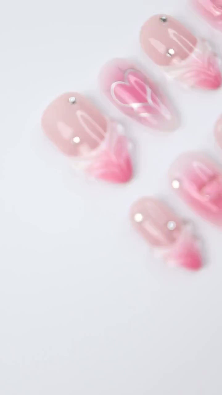 Thumbnail: Pink Valentine Press On Nails | 3D Sculpted Heart & Chrome Line Art