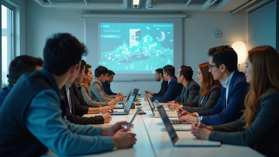 Wide angle view of a bustling MSME workshop with participants engaged in learning