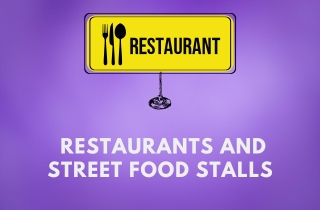 Yellow Restaurant sign; Restaurants and Street Food Stalls