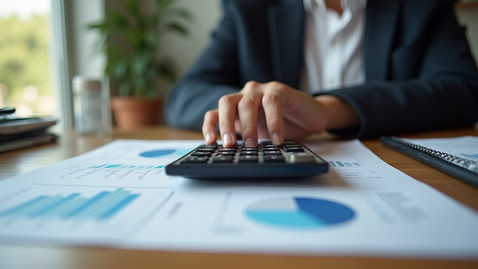Vista frontal de uma calculadora e documentos financeiros sobre uma mesa de madeira