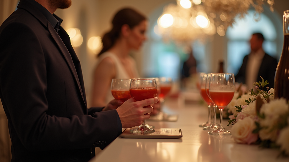 Eye-level view of a professional event staff member serving drinks at a wedding