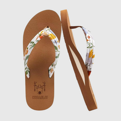 Women's white floral flip flops with tan bottoms and arch support