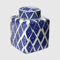 ceramic ginger jar with blue and white diamond pattern