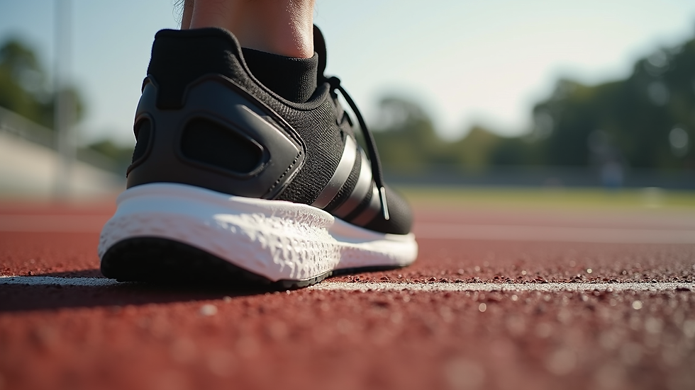 Close-up view of a high-performance running shoe on a track
