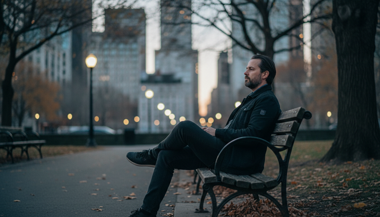 Wide-angle view of a man sitting alone on a park bench at dusk