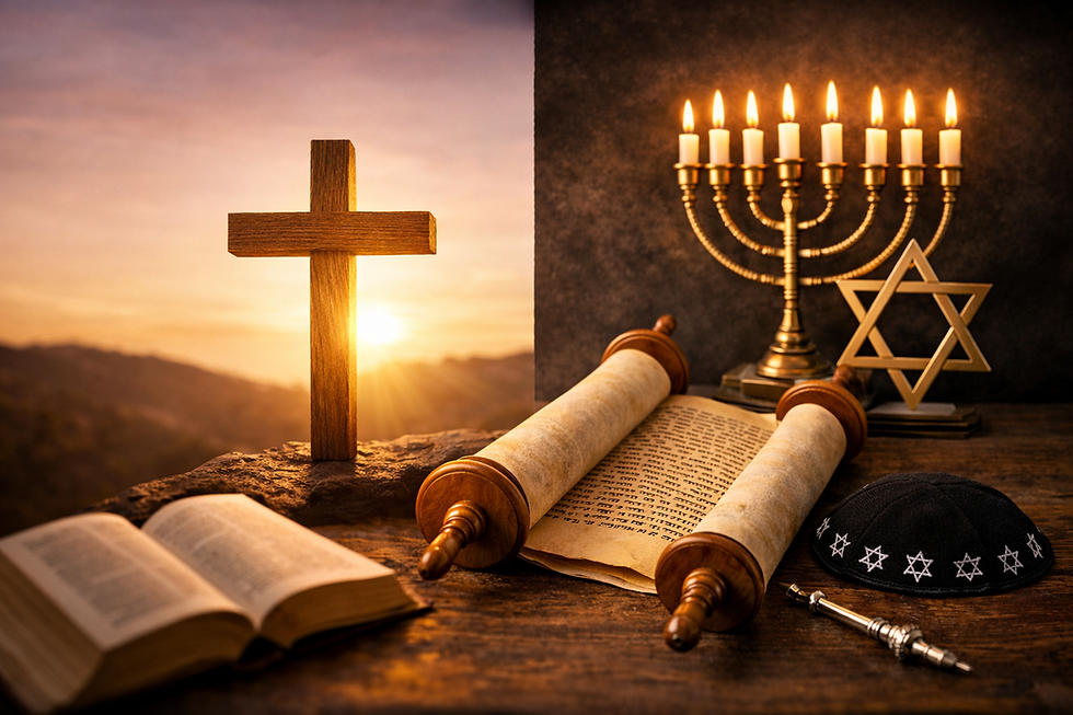 A visual comparison of Christianity and Judaism, highlighting the cross, Torah, and key symbols that represent their core beliefs.