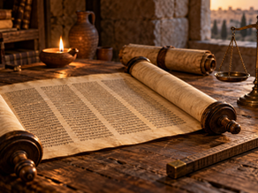 An open Torah scroll beside a measuring rod and balance scales symbolizing how to test a prophet by Scripture.
