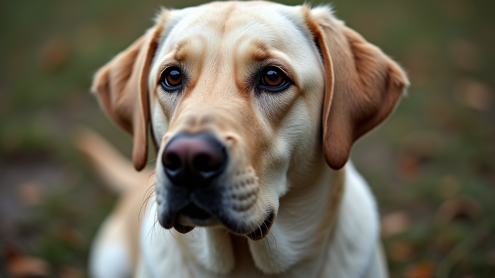 Close-up view of an English Labrador’s broad head and expressive eyes