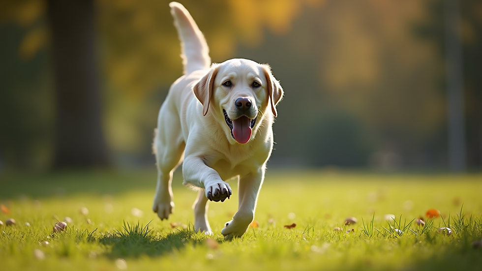 High angle view of an English Labrador playing fetch in a park