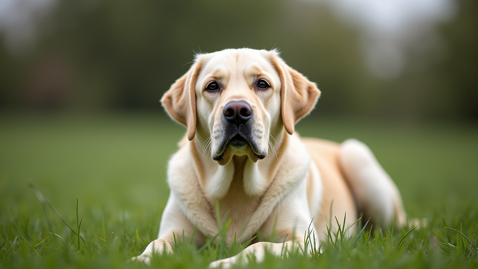 Eye-level view of an English Labrador sitting calmly on a grassy field